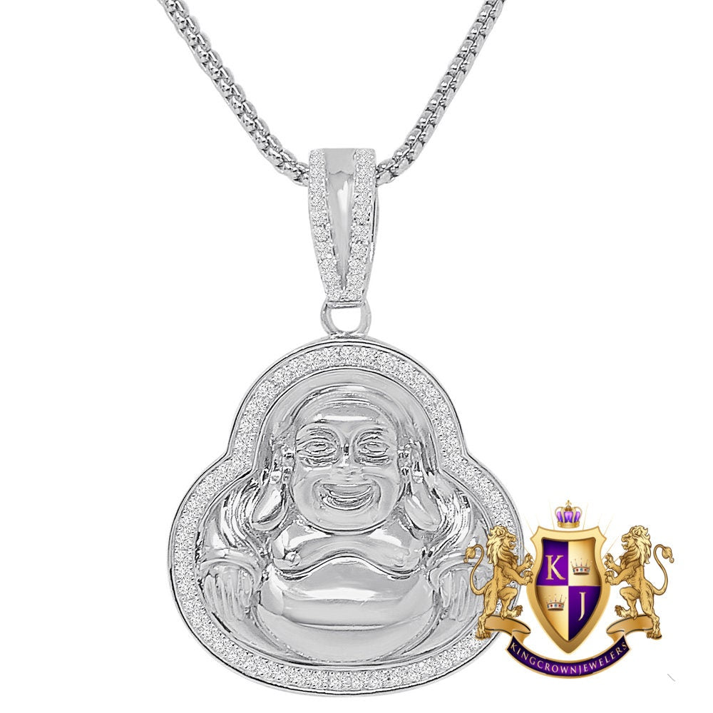 26 + Grams Real Italian Sterling Silver 14K Gold Over Siddhartha Laughing Buddha Men's Pendent Simulated Diamond Buddhist Religious Charm 2"