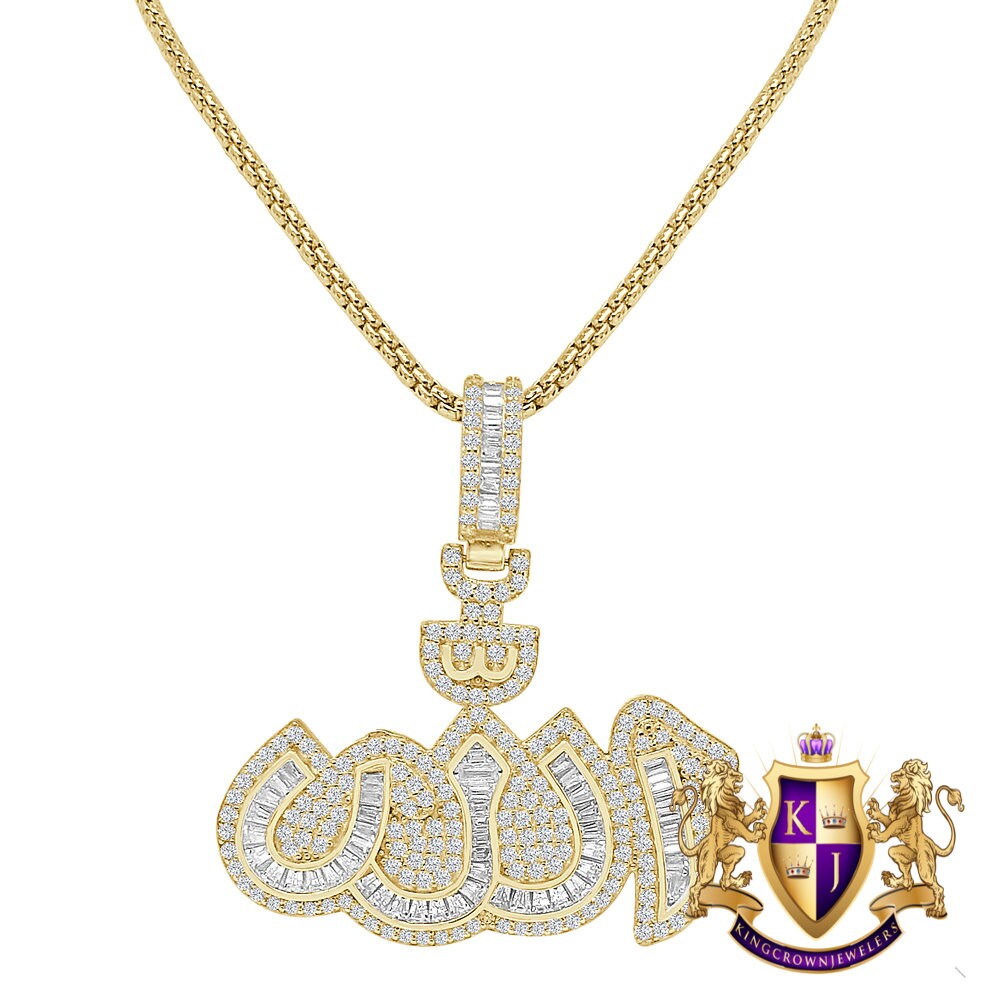 Baguette 14K Gold Over Almighty God Allah Muslim Islamic Arabic Pendent Simulated Diamond Charm Chain Set 1.75'' Unisex
