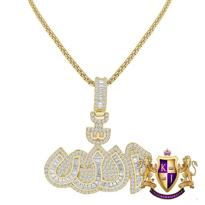 Baguette 14K Gold Over Almighty God Allah Muslim Islamic Arabic Pendent Simulated Diamond Charm Chain Set 1.75'' Unisex