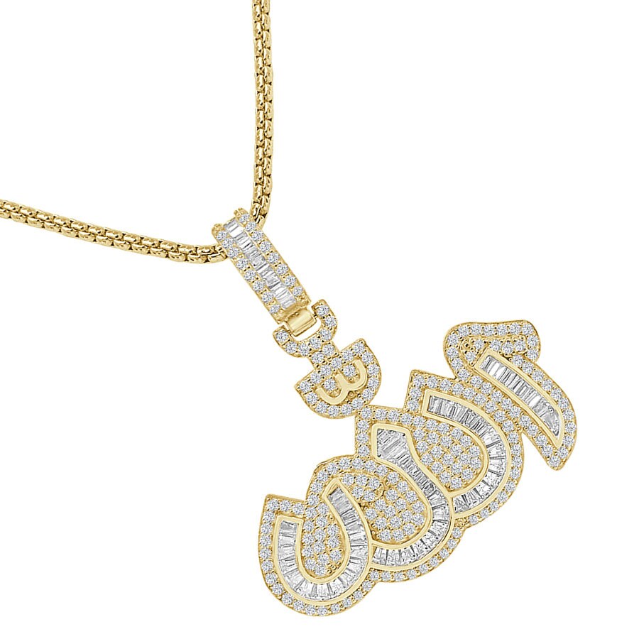 Baguette 14K Gold Over Almighty God Allah Muslim Islamic Arabic Pendent Simulated Diamond Charm Chain Set 1.75'' Unisex