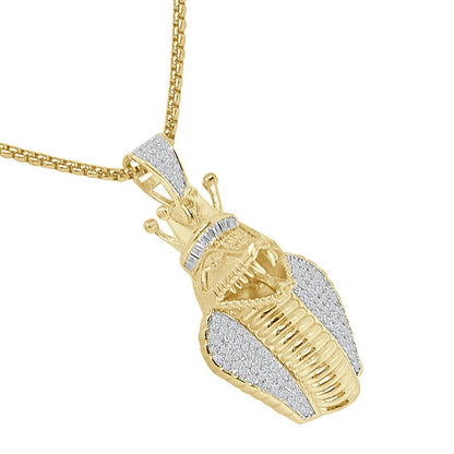 Baguette Real Genuine Sterling Silver 14K Gold Over King Cobra Snake Head Crown Face Pendent Simulated Diamond Charm 2''