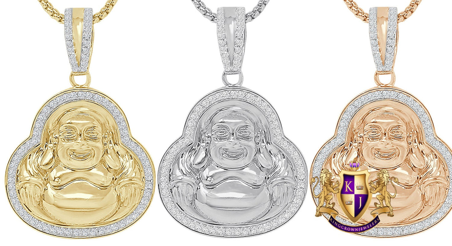 26 + Grams Real Italian Sterling Silver 14K Gold Over Siddhartha Laughing Buddha Men's Pendent Simulated Diamond Buddhist Religious Charm 2"