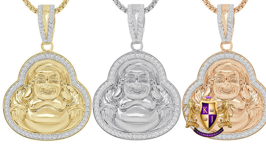 26 + Grams Real Italian Sterling Silver 14K Gold Over Siddhartha Laughing Buddha Men's Pendent Simulated Diamond Buddhist Religious Charm 2"