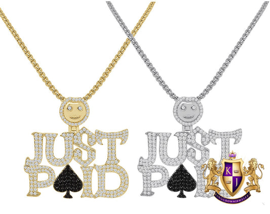 Real Genuine Sterling Silver 14K Gold Over JUST PAID Pendent Simulated Diamond Ace Poker Spade Custom Charm + Free Chain