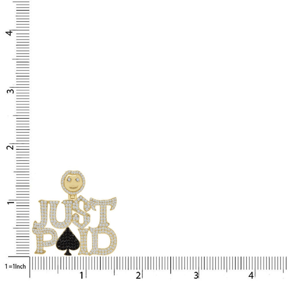 Real Genuine Sterling Silver 14K Gold Over JUST PAID Pendent Simulated Diamond Ace Poker Spade Custom Charm + Free Chain