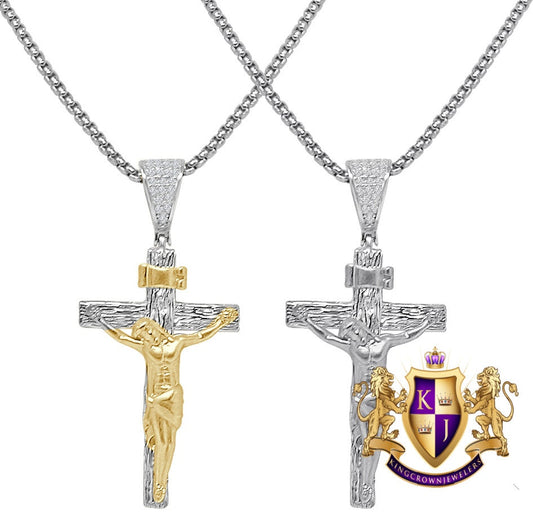 Real Genuine Sterling Silver Simulated Diamond 14k Gold Over Jesus Crucifix Cross Charm Religious Pendent 2''