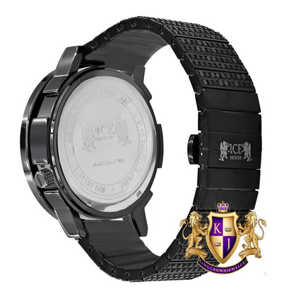 Men's Full Stainless Steel 2 Time Zone Chronograph 18K Black Gold Tone Diamond Dial  Luxury Custom Watch 45mm