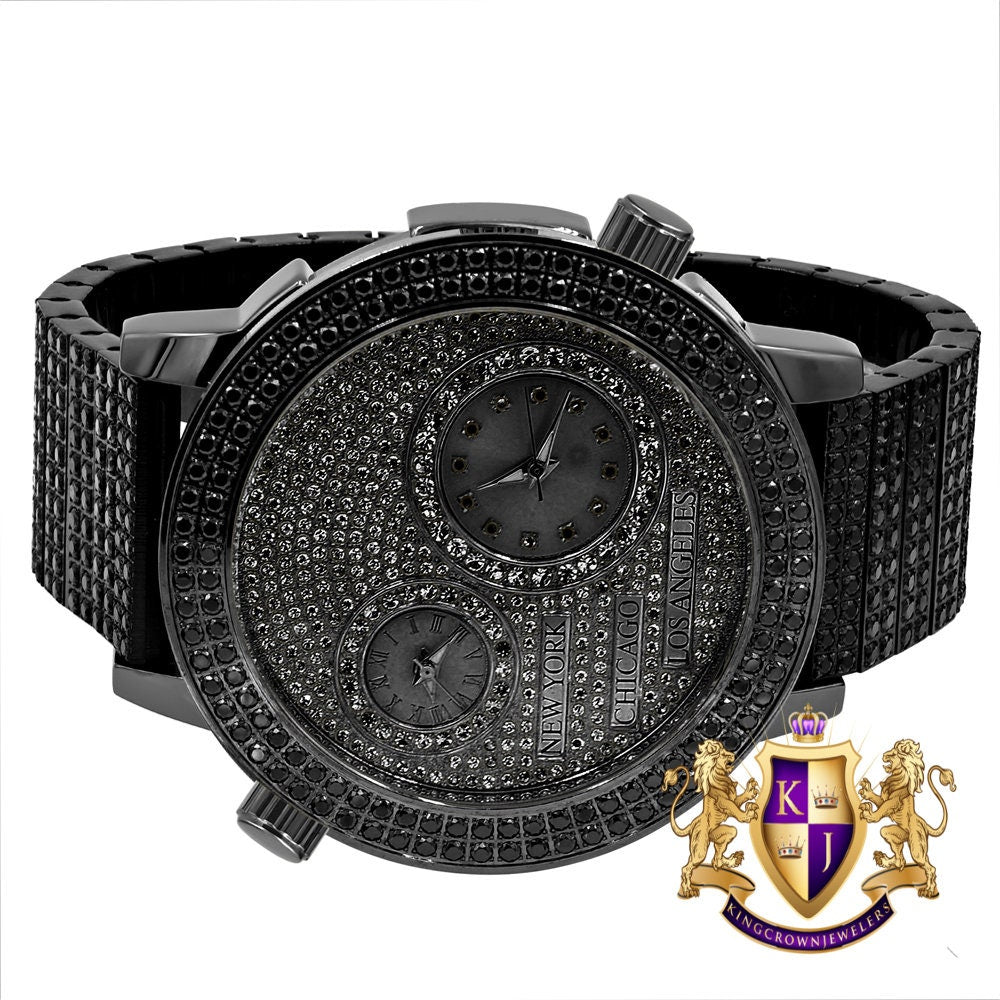 Men's Full Stainless Steel 2 Time Zone Chronograph 18K Black Gold Tone Diamond Dial  Luxury Custom Watch 45mm