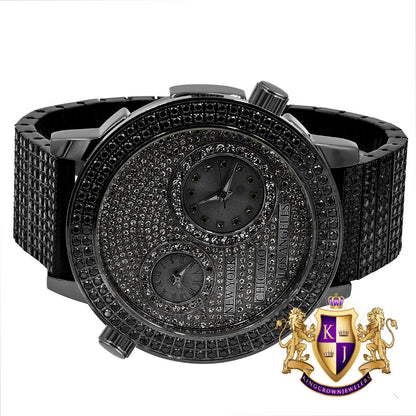 Men's Full Stainless Steel 2 Time Zone Chronograph 18K Black Gold Tone Diamond Dial  Luxury Custom Watch 45mm