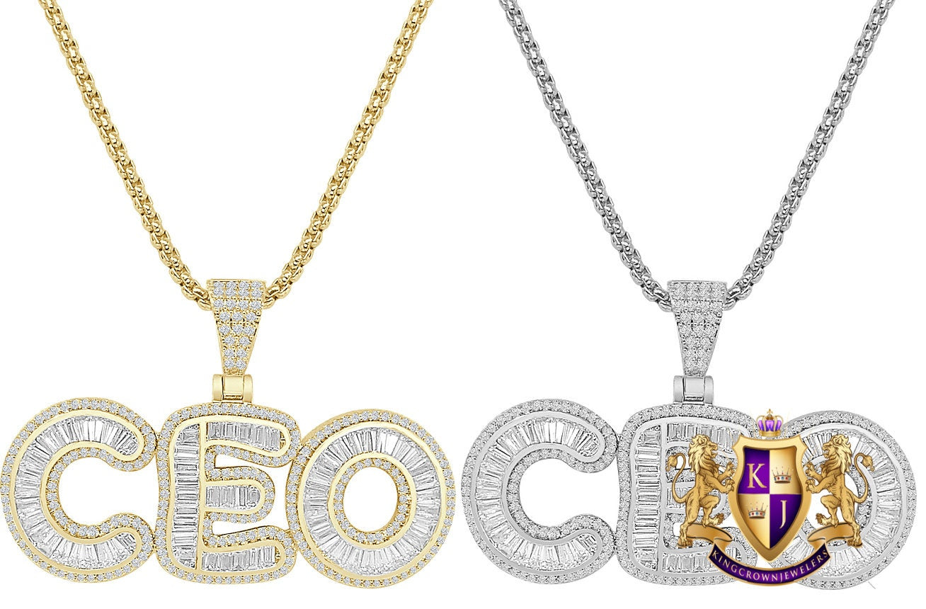 Baguette Men's 14K Gold Over Round Cut Simulated Diamond CEO Boss Charm Custom Pendent Chain Set