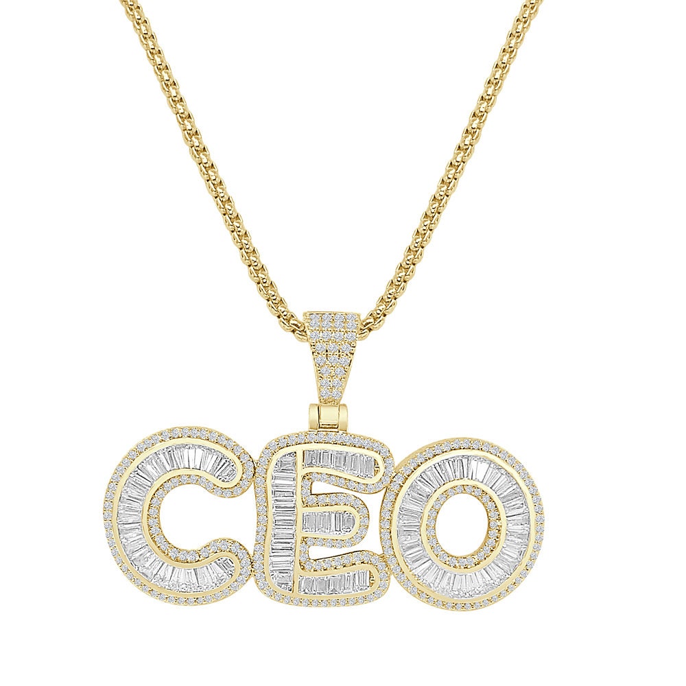 Baguette Men's 14K Gold Over Round Cut Simulated Diamond CEO Boss Charm Custom Pendent Chain Set