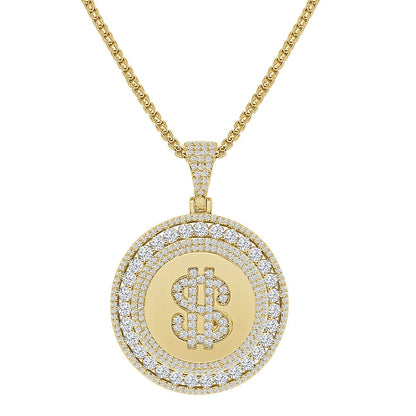 Solitaire Men's 14K Gold Over Round Cut Simulated Diamond Money Cash Dollar Sign Charm Pendent Medallion Chain Set 2''
