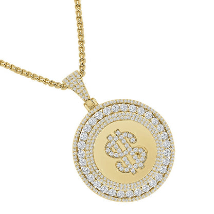 Solitaire Men's 14K Gold Over Round Cut Simulated Diamond Money Cash Dollar Sign Charm Pendent Medallion Chain Set 2''