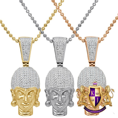 Real Genuine Authentic Diamond 0.40 Ct. Siddhartha Gautama Buddha Head Religious Pendant 10K Solid Gold Over Charm Chain Neckless Set 1.65''