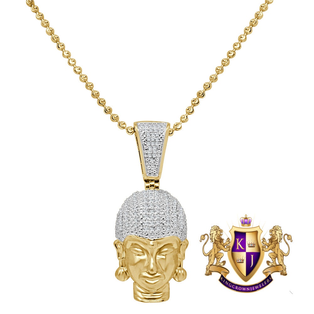 Real Genuine Authentic Diamond 0.40 Ct. Siddhartha Gautama Buddha Head Religious Pendant 10K Solid Gold Over Charm Chain Neckless Set 1.65''