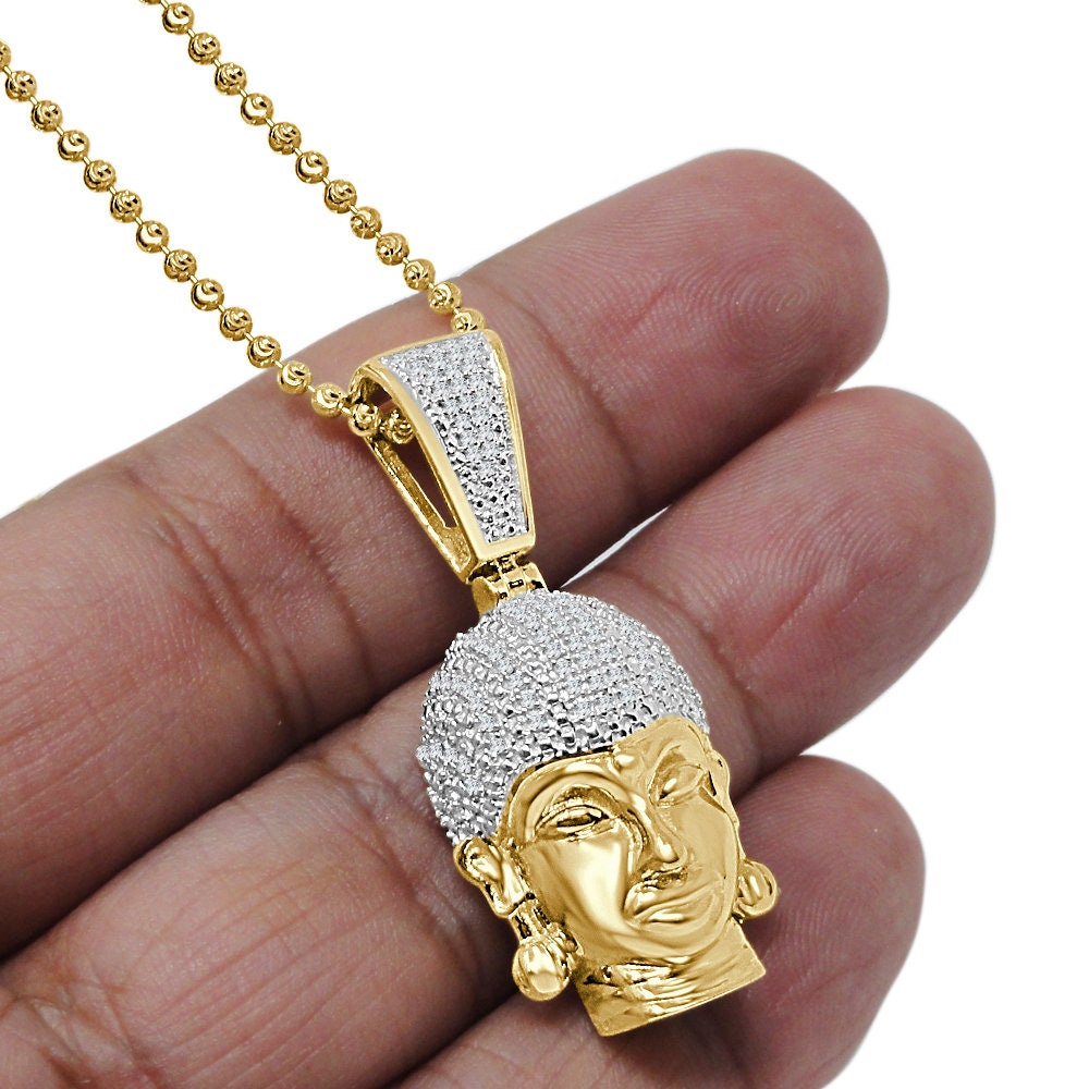 Real Genuine Authentic Diamond 0.40 Ct. Siddhartha Gautama Buddha Head Religious Pendant 10K Solid Gold Over Charm Chain Neckless Set 1.65''