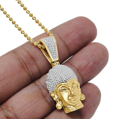 Real Genuine Authentic Diamond 0.40 Ct. Siddhartha Gautama Buddha Head Religious Pendant 10K Solid Gold Over Charm Chain Neckless Set 1.65''
