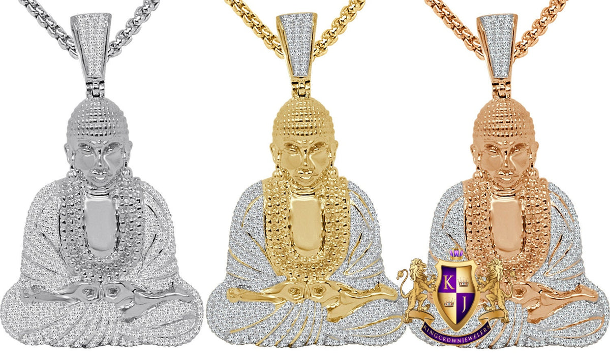 30 + Grams Real Genuine Italian Sterling Silver 3.50 Cwt. Simulated Diamond 14K Gold On Meditating Buddha Charm Religious Pendant Big 2.65''