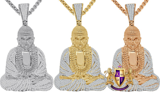 30 + Grams Real Genuine Italian Sterling Silver 3.50 Cwt. Simulated Diamond 14K Gold On Meditating Buddha Charm Religious Pendant Big 2.65''