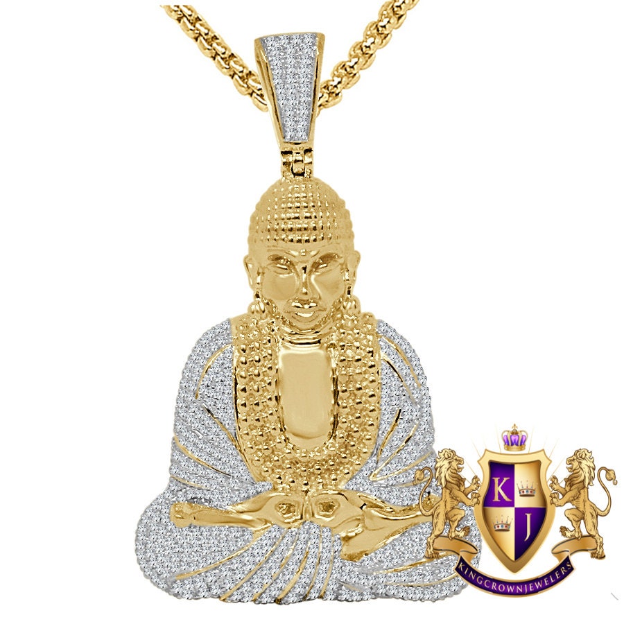 30 + Grams Real Genuine Italian Sterling Silver 3.50 Cwt. Simulated Diamond 14K Gold On Meditating Buddha Charm Religious Pendant Big 2.65''