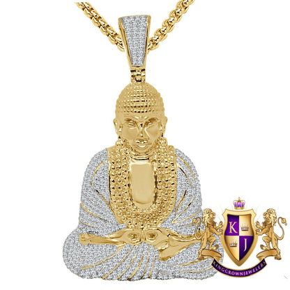 30 + Grams Real Genuine Italian Sterling Silver 3.50 Cwt. Simulated Diamond 14K Gold On Meditating Buddha Charm Religious Pendant Big 2.65''