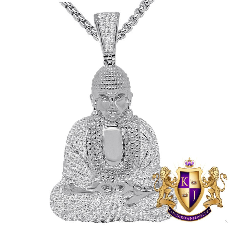30 + Grams Real Genuine Italian Sterling Silver 3.50 Cwt. Simulated Diamond 14K Gold On Meditating Buddha Charm Religious Pendant Big 2.65''