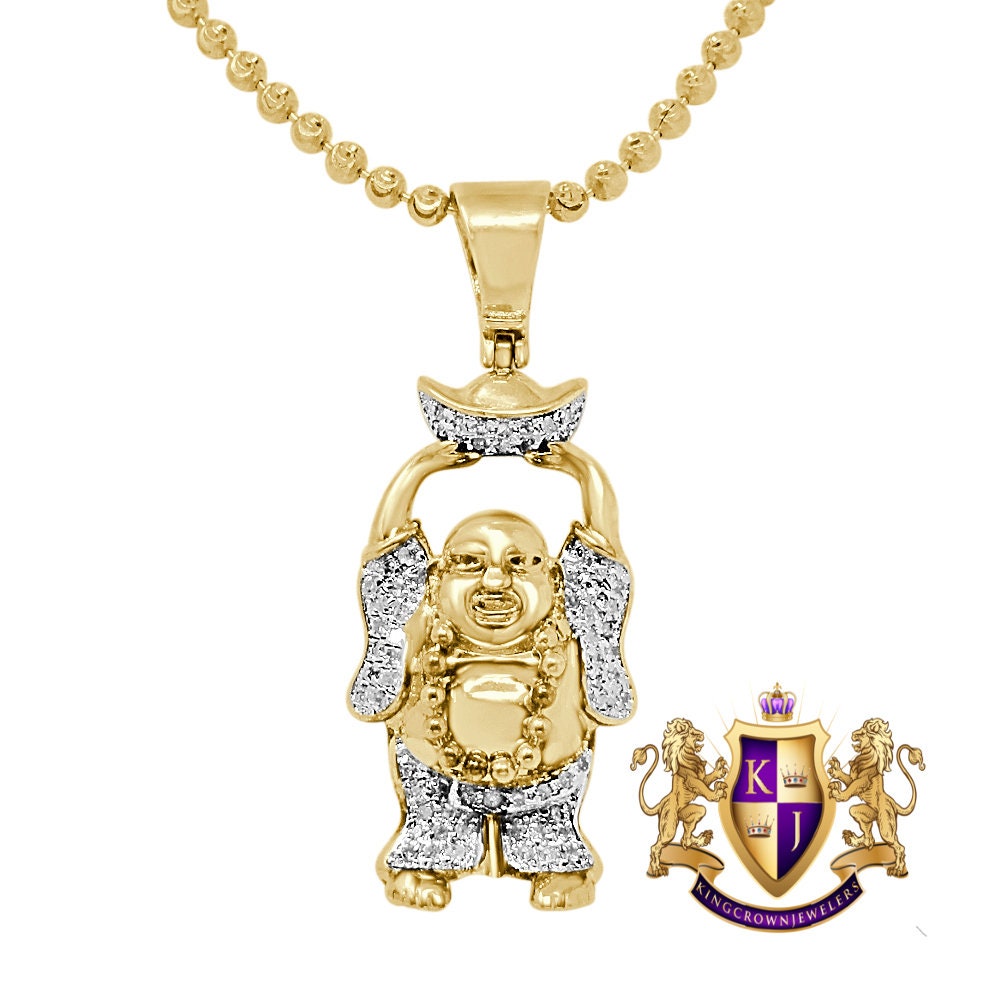 Small Mini 1.30'' Real Genuine Authentic Diamond Laughing Buddha With Bowl Religious Pendant Charm 10k Gold Over + Bead Ball Chain Neckless