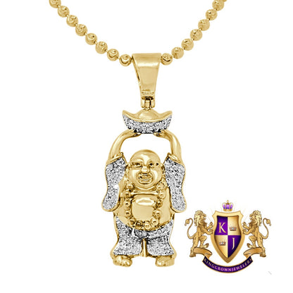 Small Mini 1.30'' Real Genuine Authentic Diamond Laughing Buddha With Bowl Religious Pendant Charm 10k Gold Over + Bead Ball Chain Neckless