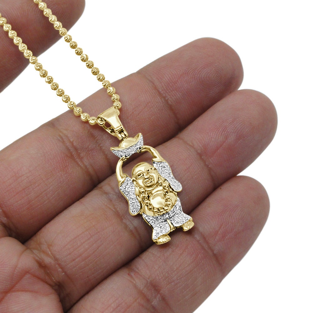 Small Mini 1.30'' Real Genuine Authentic Diamond Laughing Buddha With Bowl Religious Pendant Charm 10k Gold Over + Bead Ball Chain Neckless
