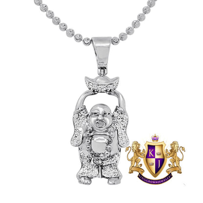 Small Mini 1.30'' Real Genuine Authentic Diamond Laughing Buddha With Bowl Religious Pendant Charm 10k Gold Over + Bead Ball Chain Neckless