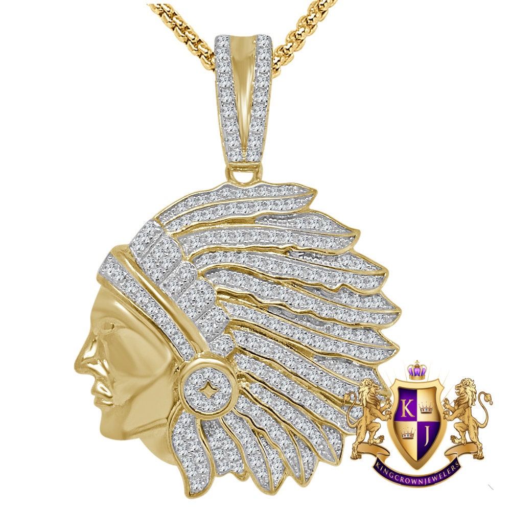 Real Genuine Sterling Silver 14K  Gold Over Native American Indian Apache King Simulated Diamond Custom Pendent Charm  + Free Chain