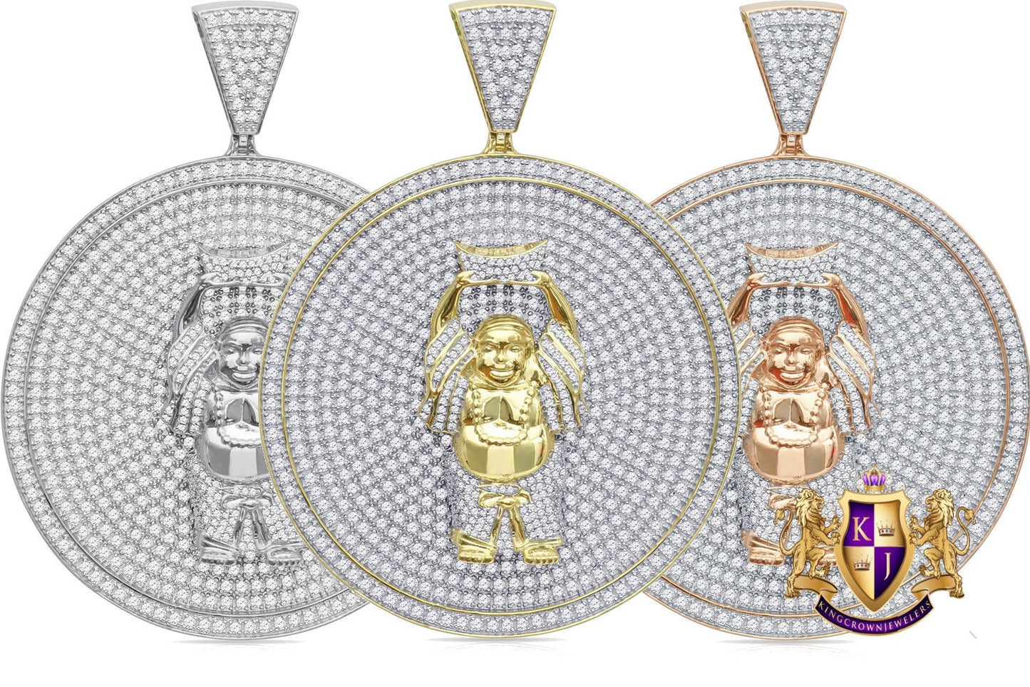 41 + Grams Men's Big XL 3'' Real Sterling Silver 14k Gold Over Buddha Religious Pendant Simulated Diamond Custom Medallion Charm