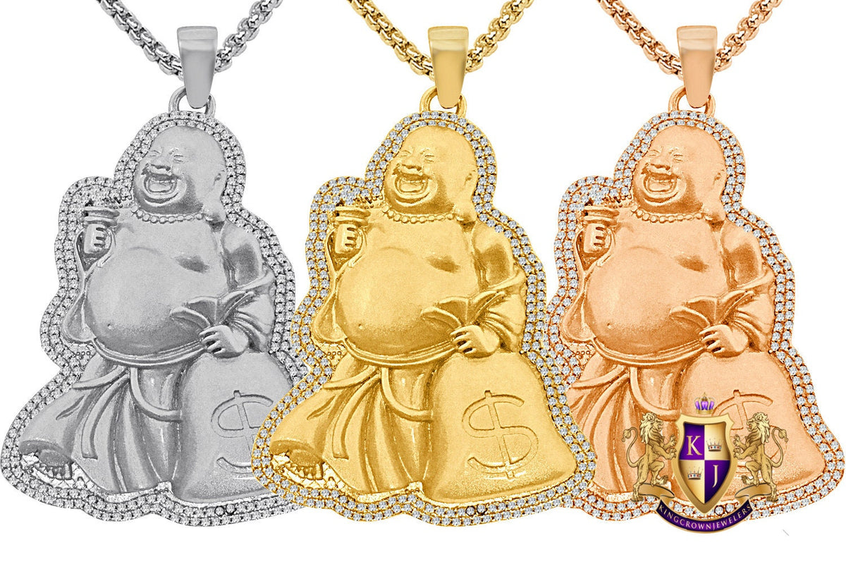 14K Gold Finish Simulated Diamond Laughing Buddha Holding Money Bag Dollar Sign Charm Good Luck Religious Pendant Chain Set 2.45''