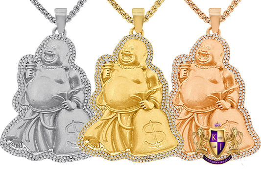 14K Gold Finish Simulated Diamond Laughing Buddha Holding Money Bag Dollar Sign Charm Good Luck Religious Pendant Chain Set 2.45''