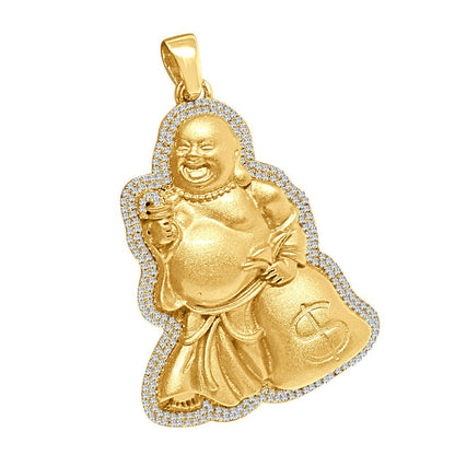 14K Gold Finish Simulated Diamond Laughing Buddha Holding Money Bag Dollar Sign Charm Good Luck Religious Pendant Chain Set 2.45''