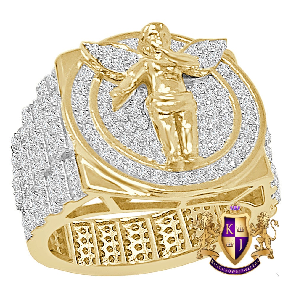 3D Big Bold 20mm Men's Real Genuine Italian Sterling Silver 14K Gold Over Simulated Diamond Holy Angel Wings Religious Ring Band 13+ Grams