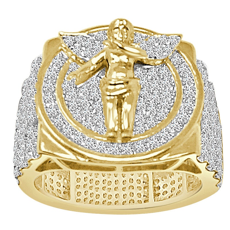 3D Big Bold 20mm Men's Real Genuine Italian Sterling Silver 14K Gold Over Simulated Diamond Holy Angel Wings Religious Ring Band 13+ Grams