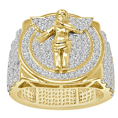 3D Big Bold 20mm Men's Real Genuine Italian Sterling Silver 14K Gold Over Simulated Diamond Holy Angel Wings Religious Ring Band 13+ Grams