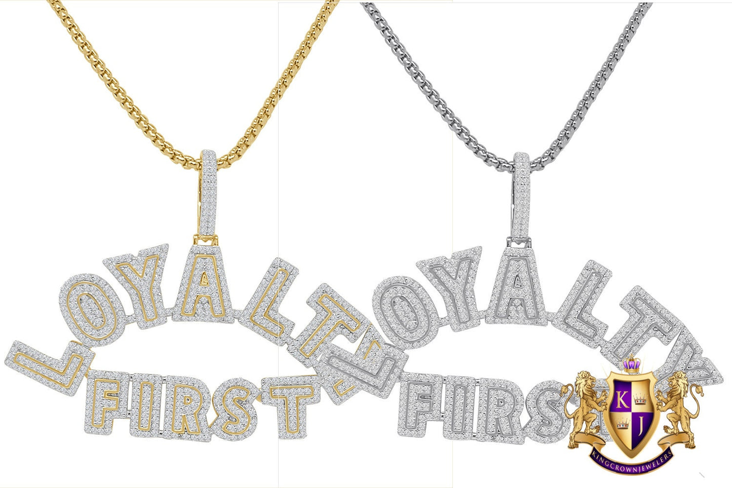 Exclusive Custom Piece 14K Gold On Real Sterling Silver Simulated Diamond LOYALTY FIRST Men's Pendent Charm Chain Set