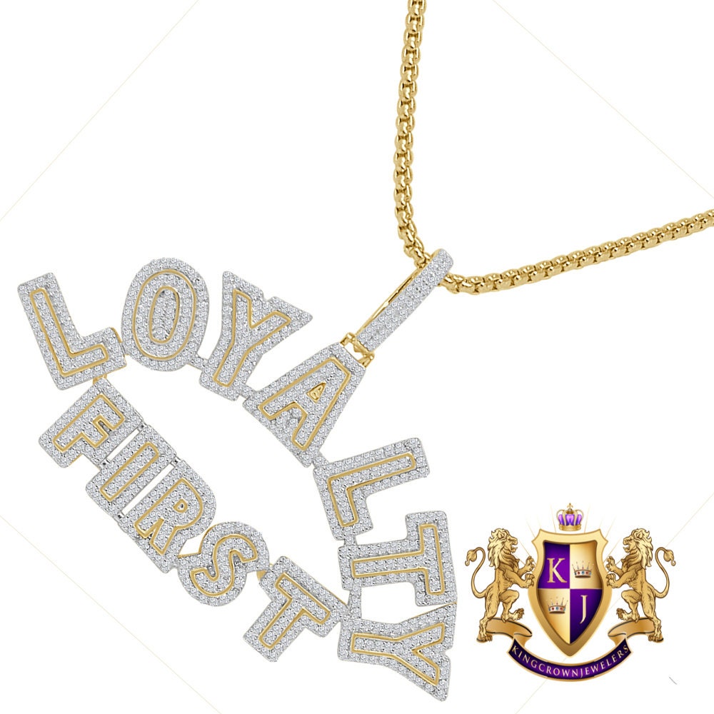 Exclusive Custom Piece 14K Gold On Real Sterling Silver Simulated Diamond LOYALTY FIRST Men's Pendent Charm Chain Set