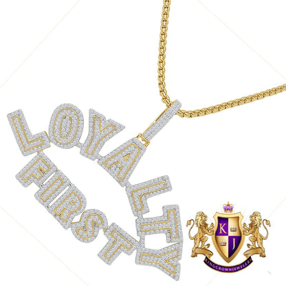 Exclusive Custom Piece 14K Gold On Real Sterling Silver Simulated Diamond LOYALTY FIRST Men's Pendent Charm Chain Set