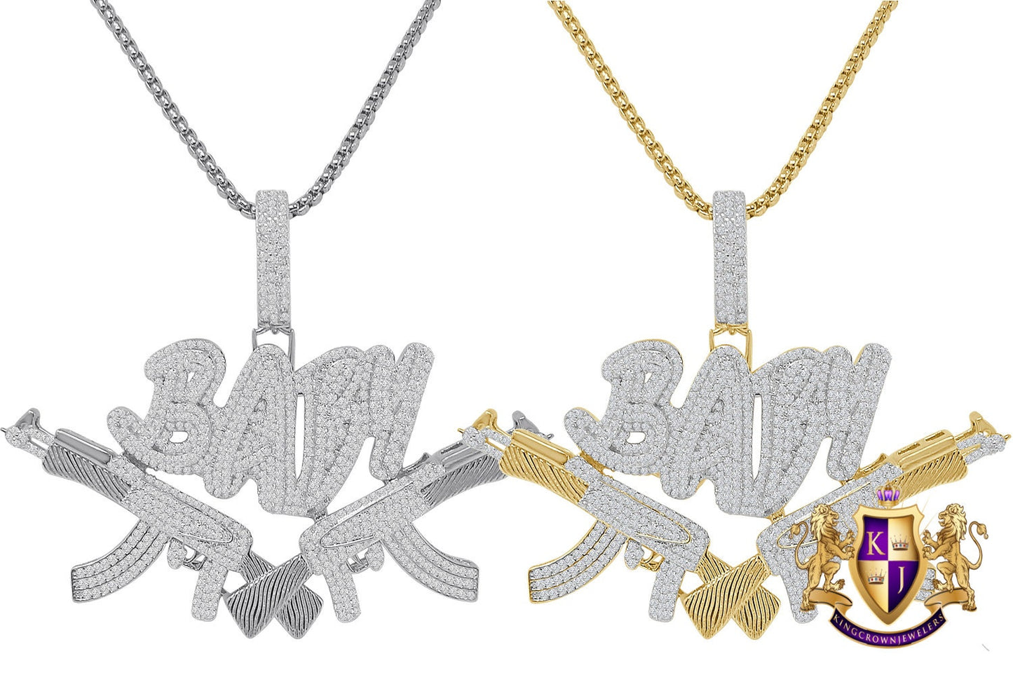 Real Genuine Sterling Silver Baby With Guns Simulated Diamond 14K Gold Over Custom Charm Pendent 2.25'' + Free Chain