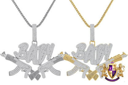 Real Genuine Sterling Silver Baby With Guns Simulated Diamond 14K Gold Over Custom Charm Pendent 2.25'' + Free Chain