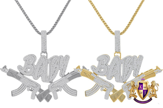 Real Genuine Sterling Silver Baby With Guns Simulated Diamond 14K Gold Over Custom Charm Pendent 2.25'' + Free Chain