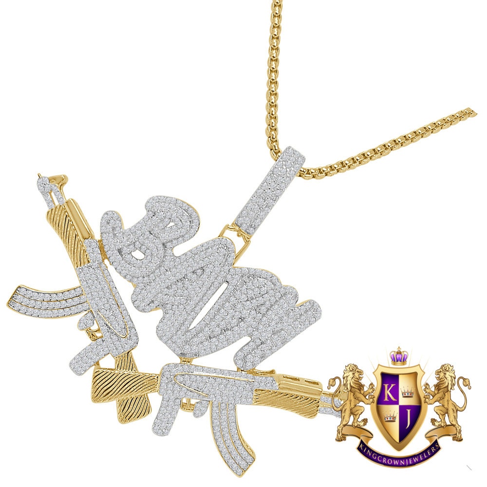 Real Genuine Sterling Silver Baby With Guns Simulated Diamond 14K Gold Over Custom Charm Pendent 2.25'' + Free Chain