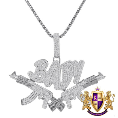 Real Genuine Sterling Silver Baby With Guns Simulated Diamond 14K Gold Over Custom Charm Pendent 2.25'' + Free Chain