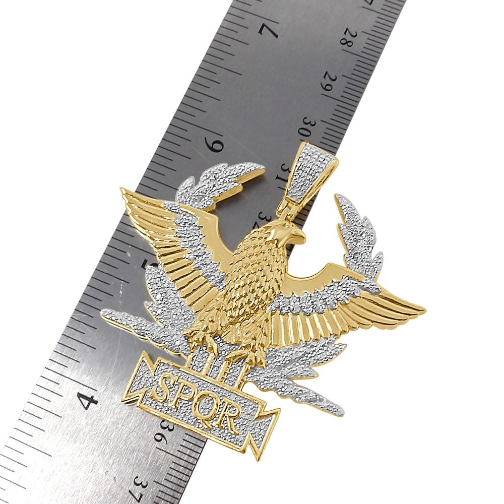Men's Real Genuine Authentic Diamond 25+ Grams Custom Piece SPQR Roman Legion Eagle Empire Masonic Pendant 10K Solid Gold Over Charm 2.10''