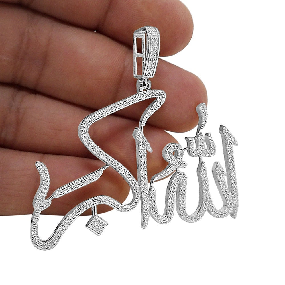 Genuine Real Diamond Allahu Akbar Muslim Pendant 10K Solid White Gold On "GOD IS GREAT" Islamic Arabic Custom Allah Charm + Free Chain 2''