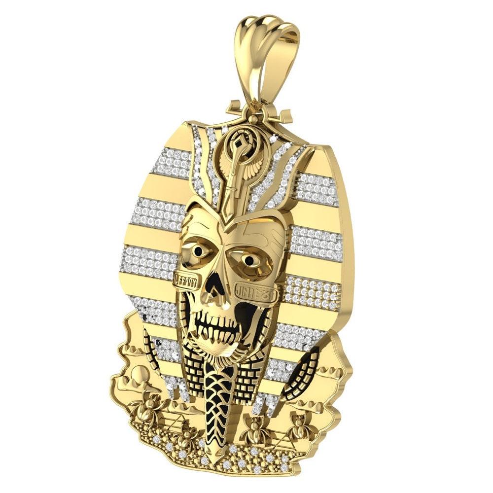 26+ Grams Genuine Real Diamond Exclusive Custom Piece Egyptian King Tut Skull Pharaoh Mummy Scarab Beetle Charm 10K Gold Over Pendent 2.75''