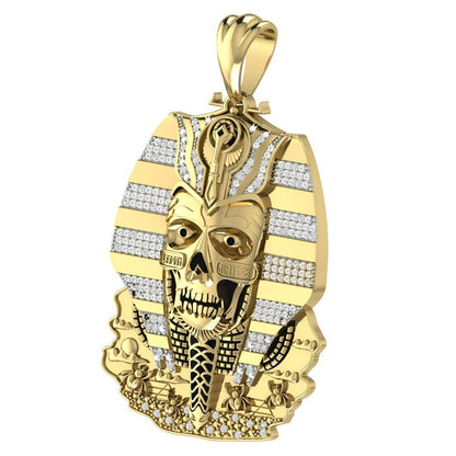 26+ Grams Genuine Real Diamond Exclusive Custom Piece Egyptian King Tut Skull Pharaoh Mummy Scarab Beetle Charm 10K Gold Over Pendent 2.75''